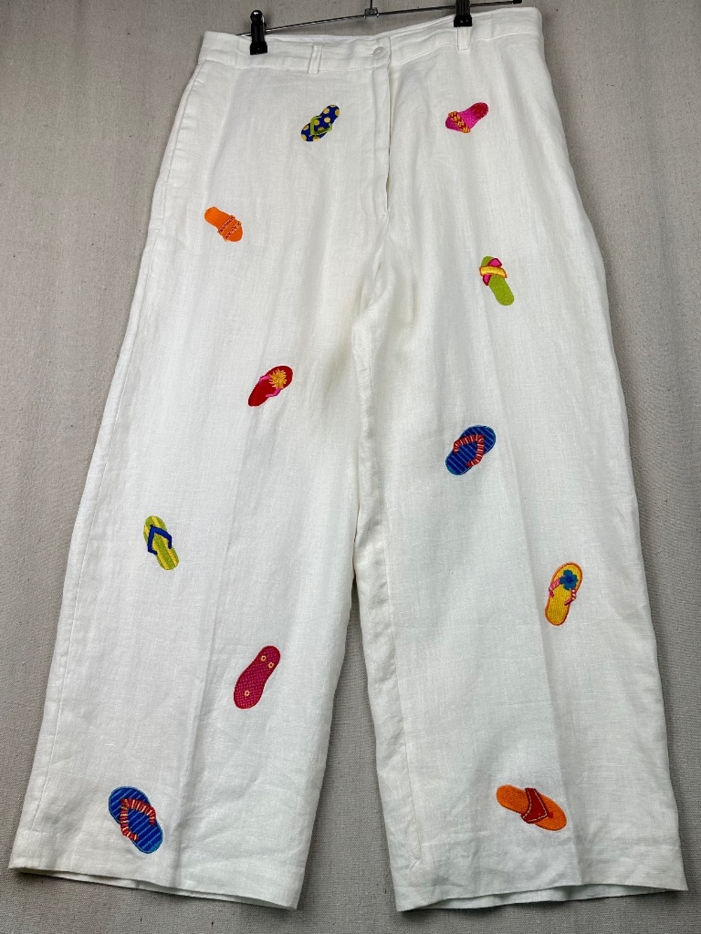 Vintage Saint Tropez West Linen Pants White Wide Leg Embroidered Flip Flops 12